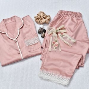 Women Silk Night Suit Set with Lace Detailing